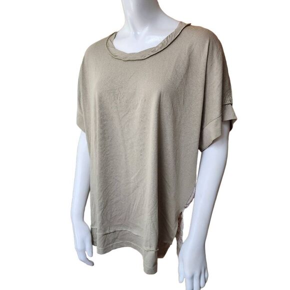white birch Tops - White Birch Tan & Cream Floral Patterned Sheer Back Blouse (S)